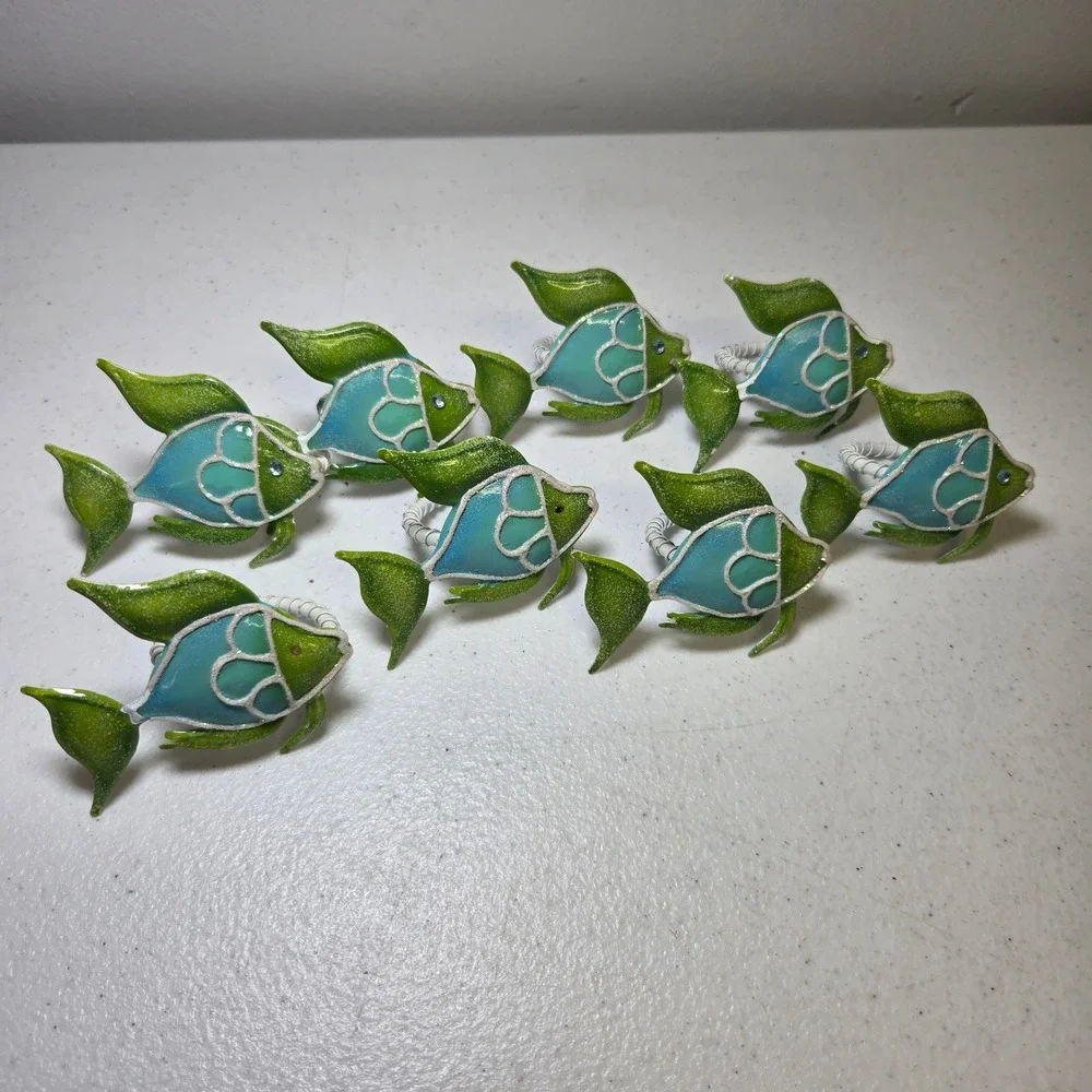 Metal Fish Napkin Rings Green‎ Blue Nautical Beach Set of 8